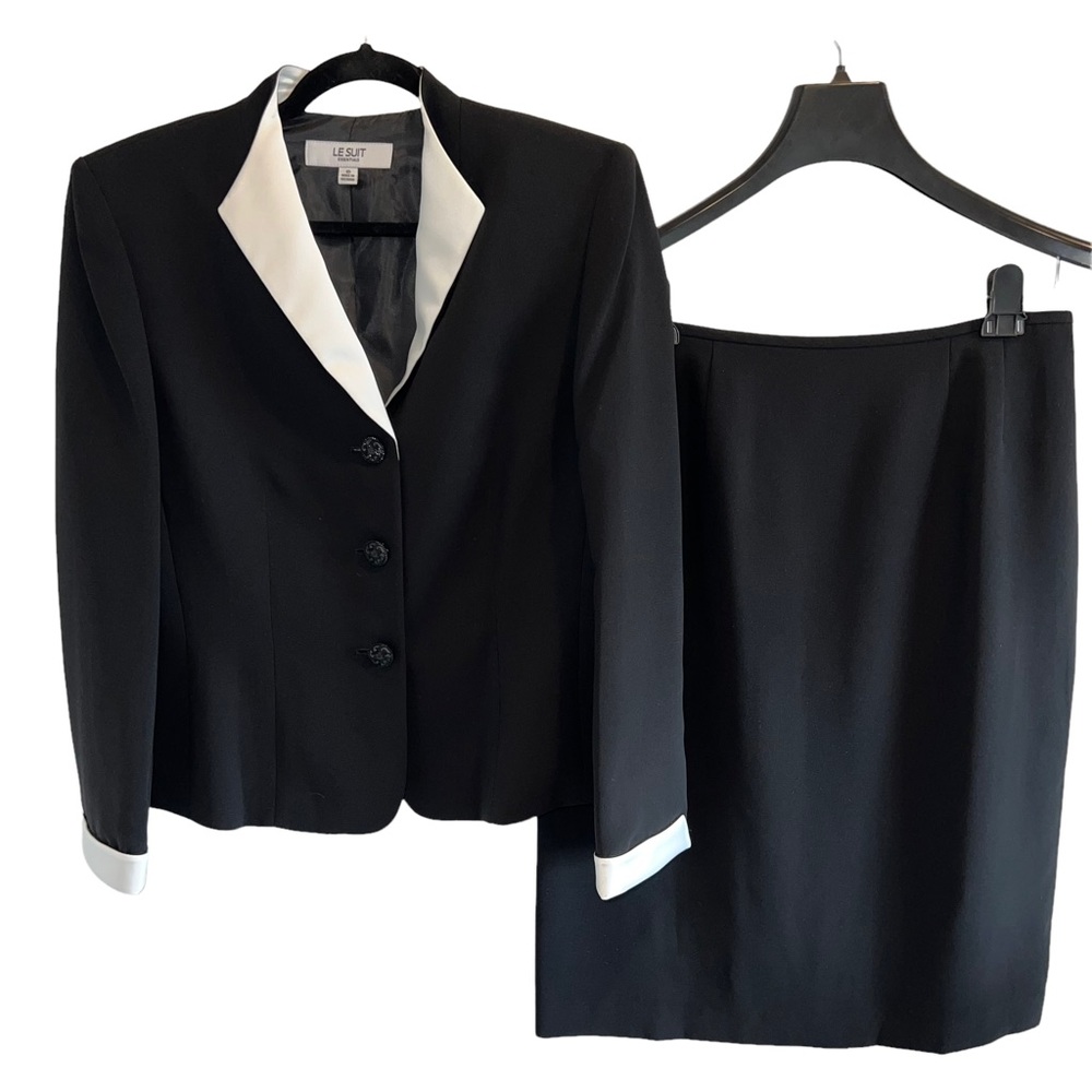 Le Suit Women’s Skirt Suit Blazer Jacket Size 10 Black w White Satin Trims